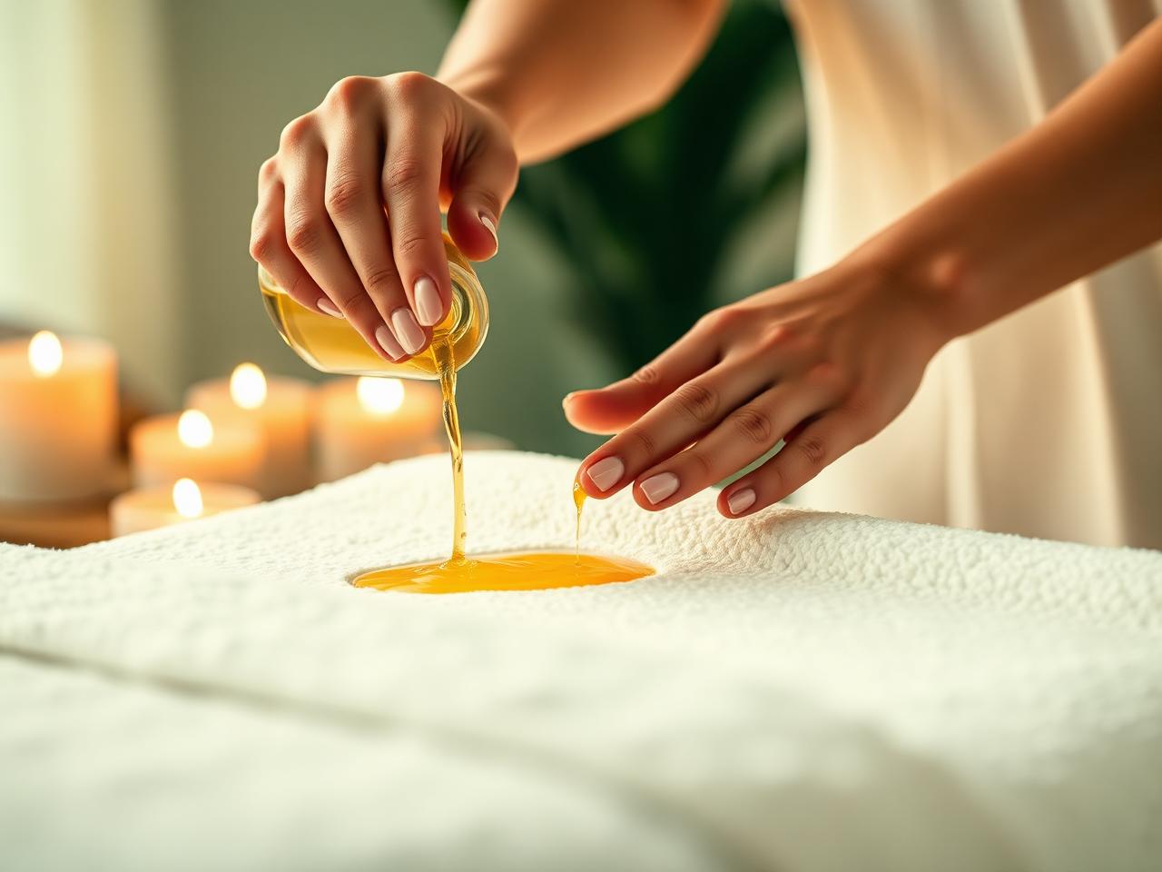 Therapist pouring warm massage oil in a candlelit spa room